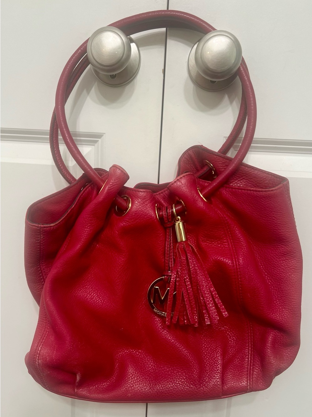 Michael Kors Red Pebbled Leather Drawstring Tassel Large Shoulder Bag